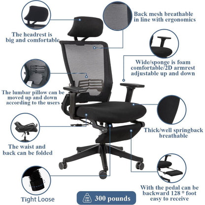 High Back Office Chair with 2d armrest and foot rest, tilt function max 128,Black