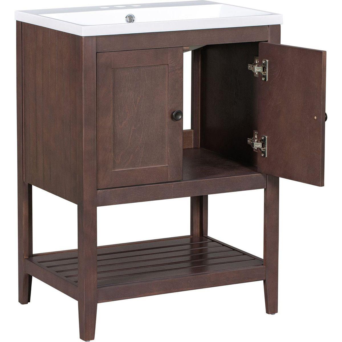 24" Brown Modern Sleek Bathroom Vanity Elegant Ceramic Sink with Solid Wood Frame Open Style Shelf