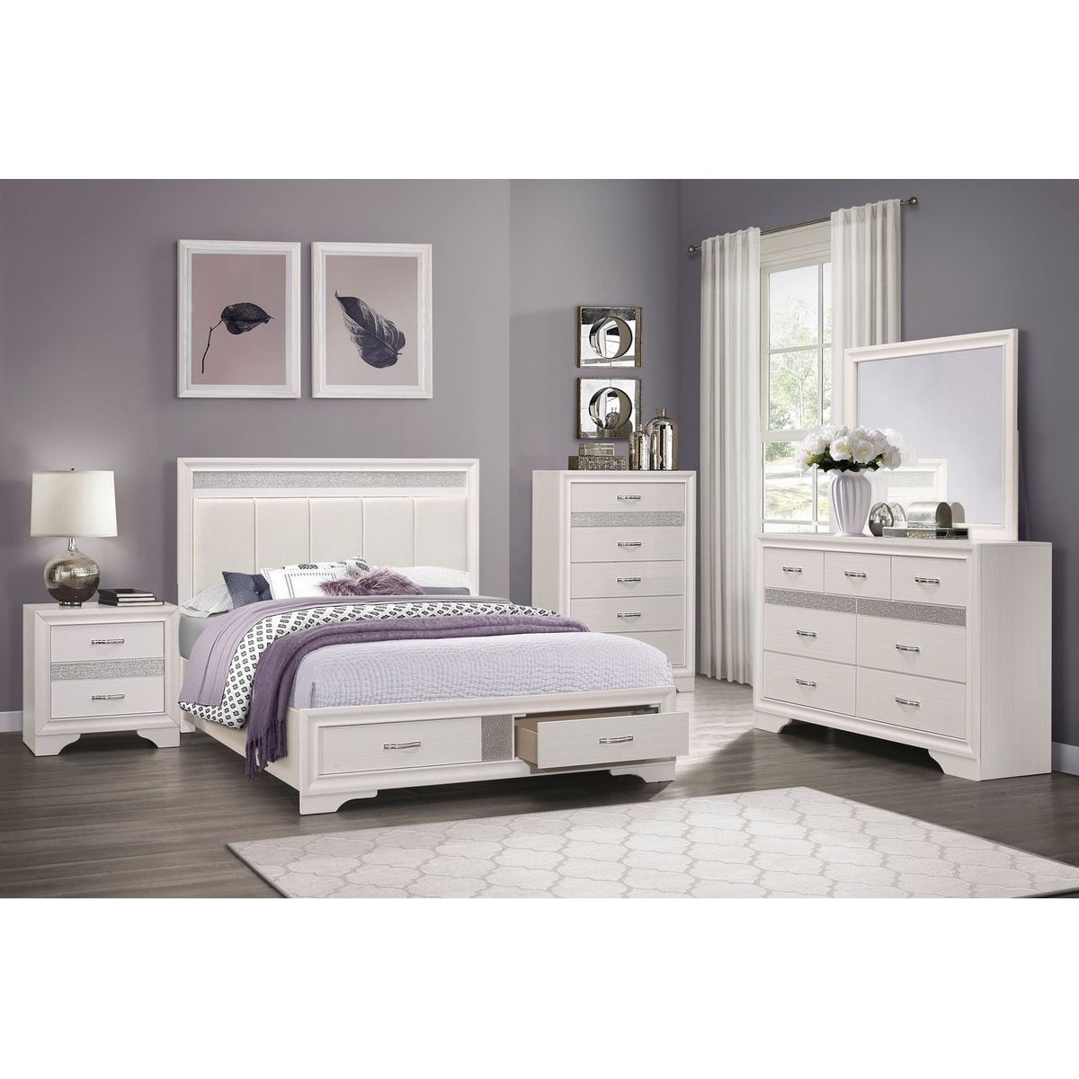 Glamorous Bedroom Furniture 1pc Nightstand of Drawers with Hidden Felt-Lined Jewelry Drawer White Finish and Silver Glitter