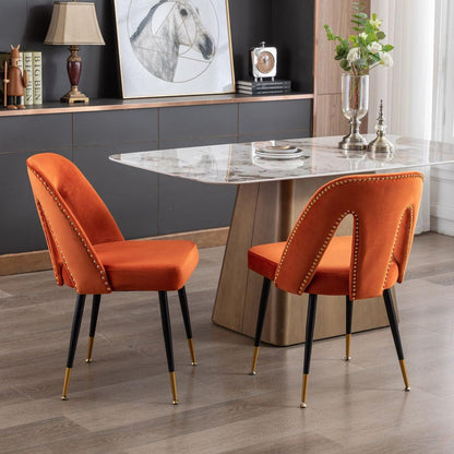 Akoya Collection Modern Contemporary Velvet Upholstered Dining Chair with Nailheads and Gold Tipped Black Metal Legs, Orangeet of 2