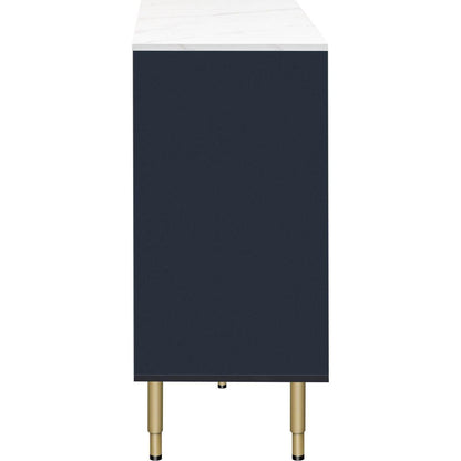 Modern Sideboard MDF Buffet Cabinet Marble Sticker Tabletop and Amber-yellow Tempered Glass Doors with Gold Metal Legs & Handles (Navy Blue)