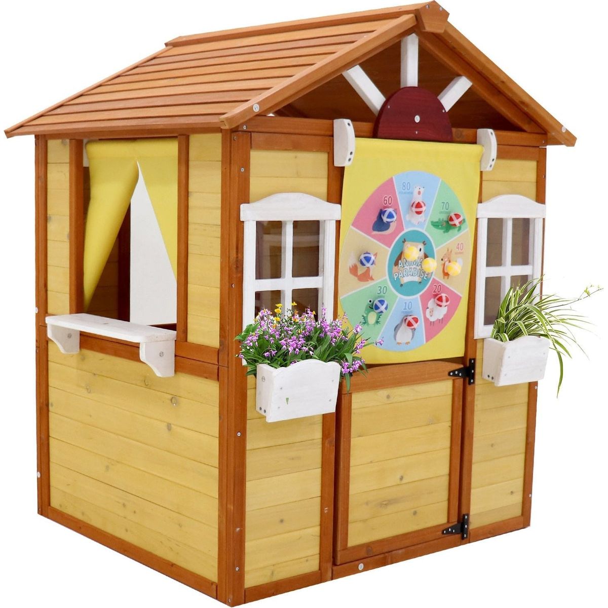 Outdoor Playhouse for Kids Wooden Cottage with Working Doors Windows Pretend Play House for Age 3-8 Years