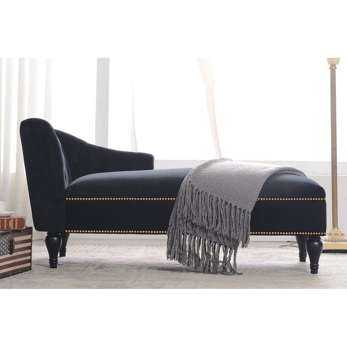 58" Velvet Chaise Lounge, Button Tufted Right Arm Facing Lounge Chair with Nailhead Trim & Solid Wood Legs for Living Room or Office, Sleeper Lounge Sofa (Black)