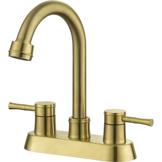 Brushed Gold 4 Inch 2 Handle Centerset Lead-Free Bathroom Faucet, Swivel Spout with Copper Pop Up Drain and 2 Water Supply Lines