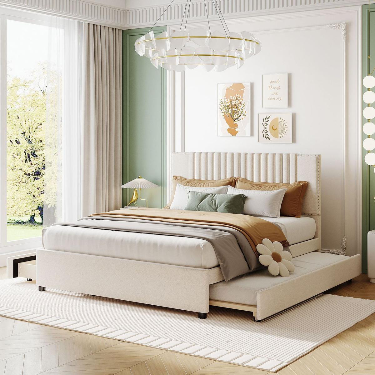 Queen Size Upholstered Platform Bed with 2 Drawers and 1 Twin XL Trundle, Classic Headboard Design, Beige - Streamdale Furniture