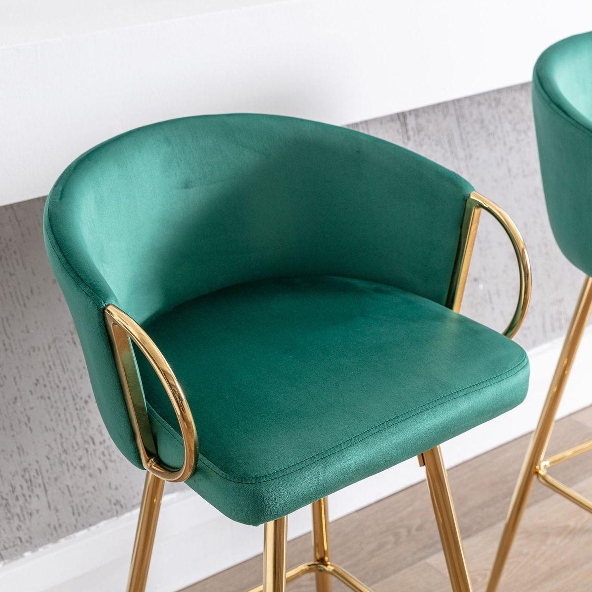 26 Inch Set of 2 Bar Stools, with Chrome Footrest and Base Velvet + Golden Leg Simple Bar Stool, GREEN