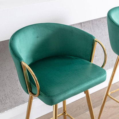 26 Inch Set of 2 Bar Stools, with Chrome Footrest and Base Velvet + Golden Leg Simple Bar Stool, GREEN