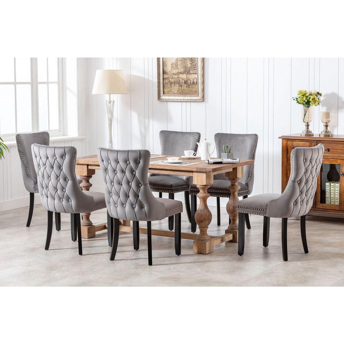 Upholstered Wing-Back Dining Chair with Backstitching Nailhead Trim and Solid Wood Legs, Set of 2, Gray, 8809GY, KD