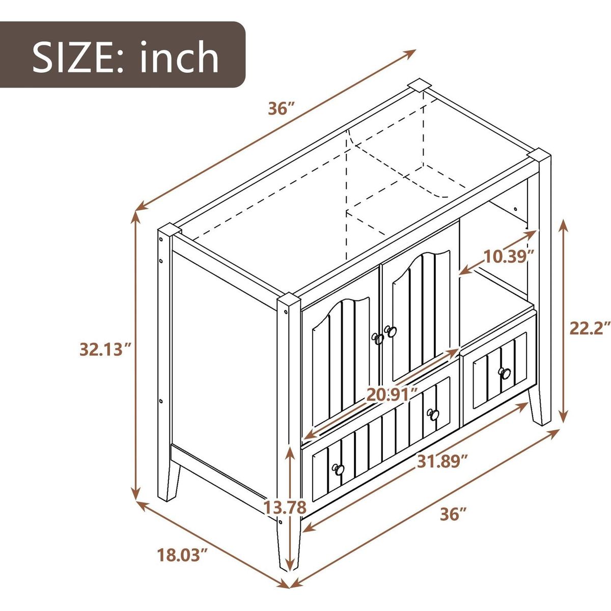 36" Bathroom Vanity Base Only, Solid Wood Frame and MDF Boards, Brown