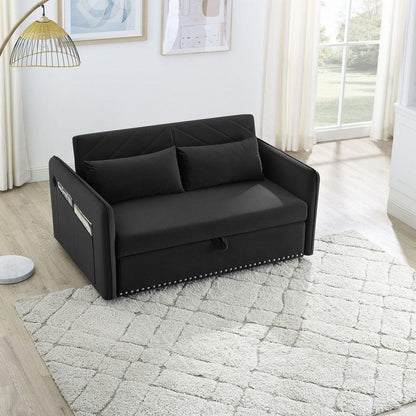 Pull-out sofa sleeper, 3-in-1 adjustable sleeper with pull-out bed, 2 lumbar pillows and side pocket, soft velvet convertible sleeper sofa bed, suitable for living room bedroom.