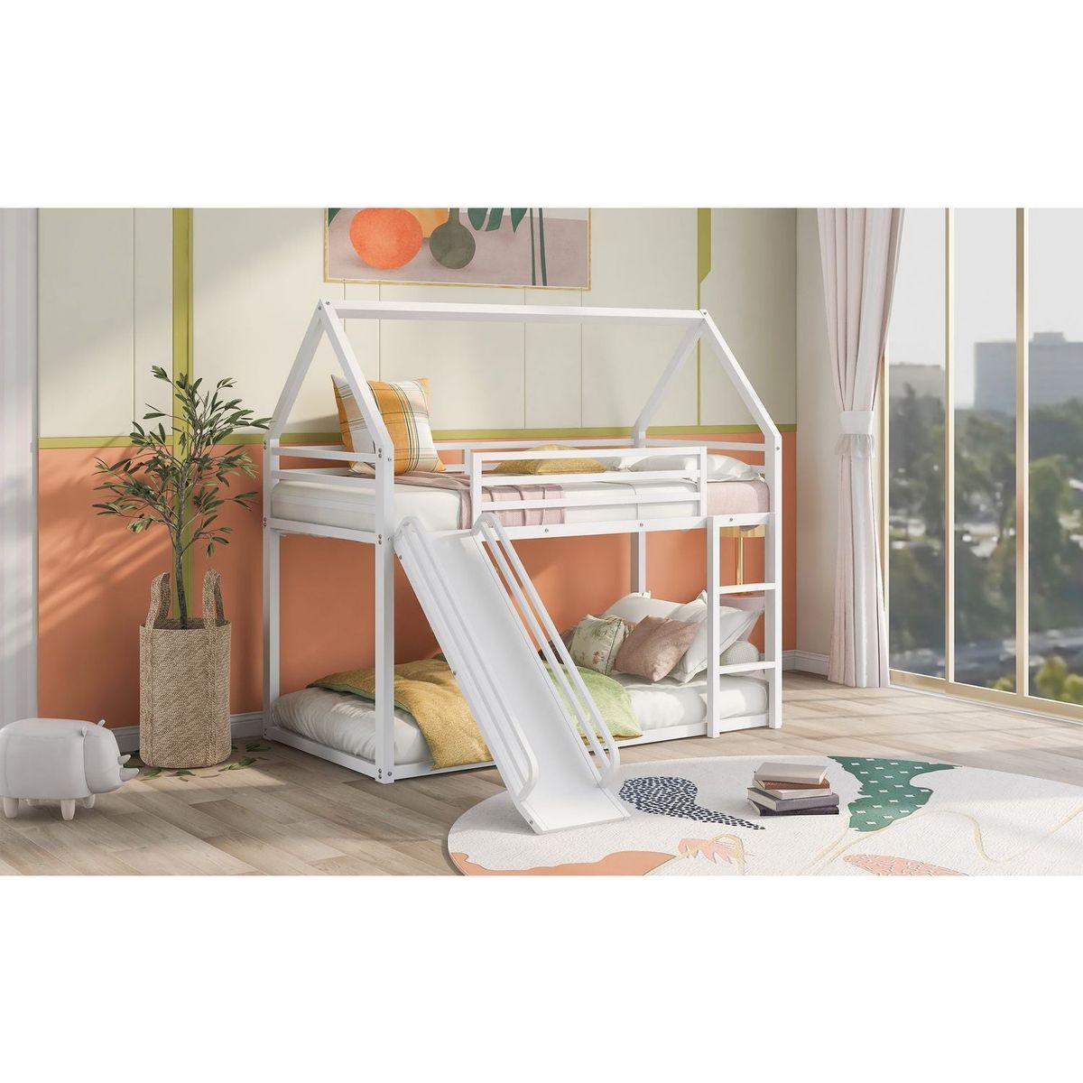 Twin over Twin House Bunk Bed with Ladder and Slide, White - Streamdale Furniture