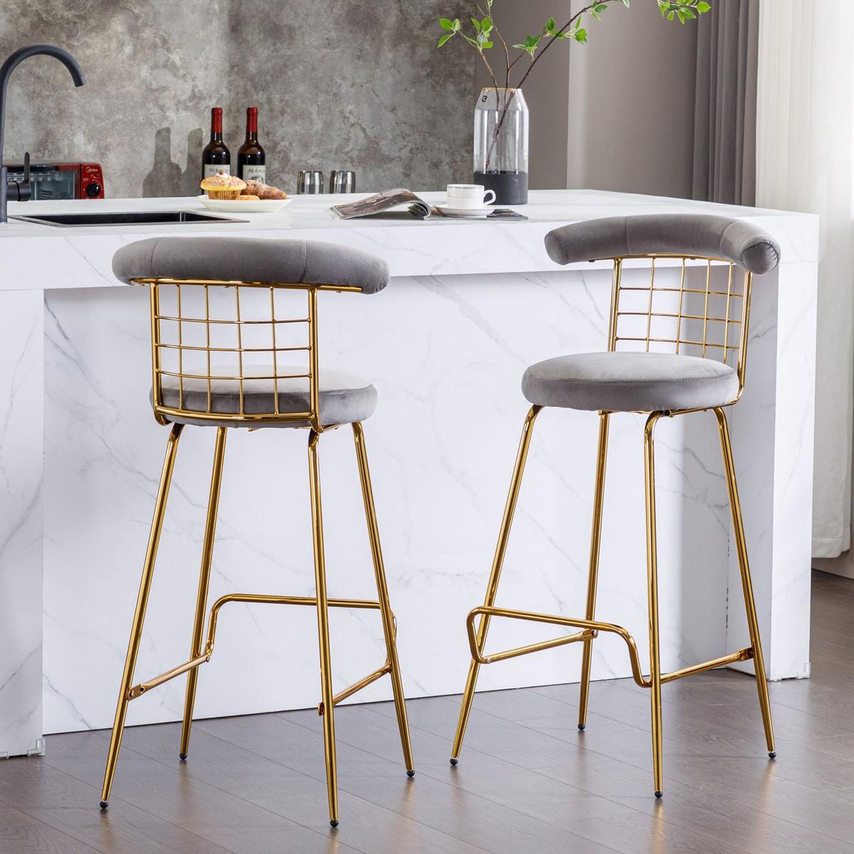 Bar Stool Set of 2, Luxury Velvet High Bar Stool with Metal Legs and Soft Back, Pub Stool Chairs Armless Modern Kitchen High Dining Chairs with Metal Legs, Grey