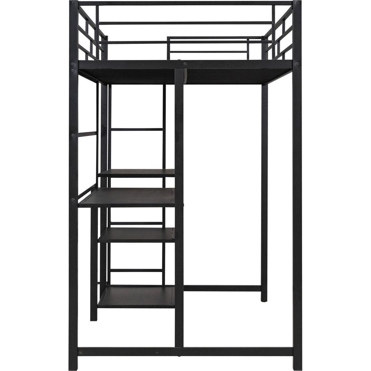 Twin Size Loft Bed with Desk and Whiteboard, Mental Loft Bed with 3 Shelves and Ladder, Black