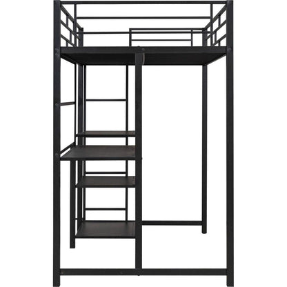 Twin Size Loft Bed with Desk and Whiteboard, Mental Loft Bed with 3 Shelves and Ladder, Black