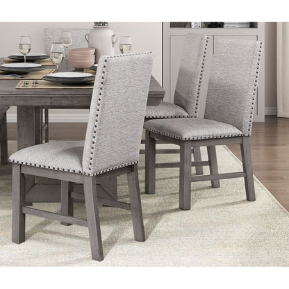 Dining Chairs 2pc Set Beige Fabric Upholstered Seat and Back Nailhead Trim Gray Finish Wood Frame Rustic Design Dining Furniture