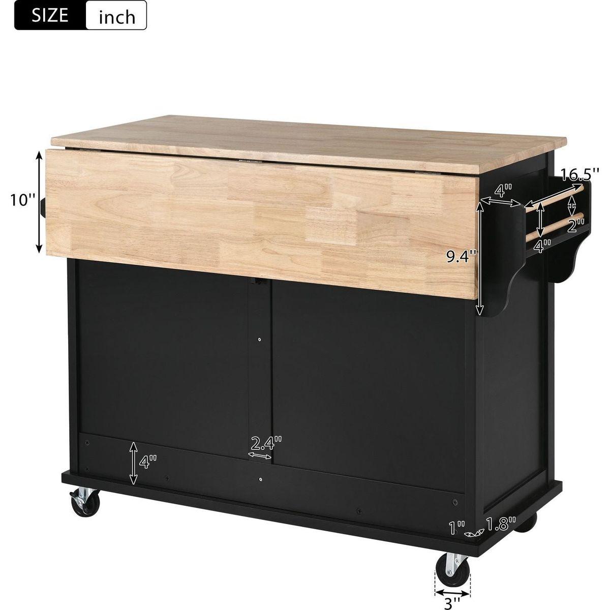 Kitchen Cart with Rubber wood Drop-Leaf Countertop, Concealed sliding barn door adjustable height, Kitchen Island on 4 Wheels with Storage Cabinet and 2 Drawers, L52.2xW30.5xH36.6 inch, Black
