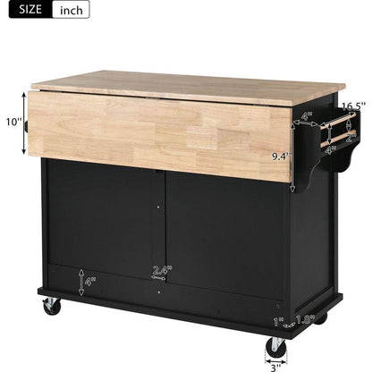 Kitchen Cart with Rubber wood Drop-Leaf Countertop, Concealed sliding barn door adjustable height, Kitchen Island on 4 Wheels with Storage Cabinet and 2 Drawers, L52.2xW30.5xH36.6 inch, Black