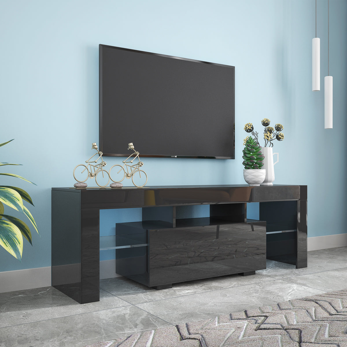 Black TV Stand with LED RGB Lights, Flat Screen TV Cabinet, Gaming Consoles - in Lounge Room, Living Room and Bedroom (Black)