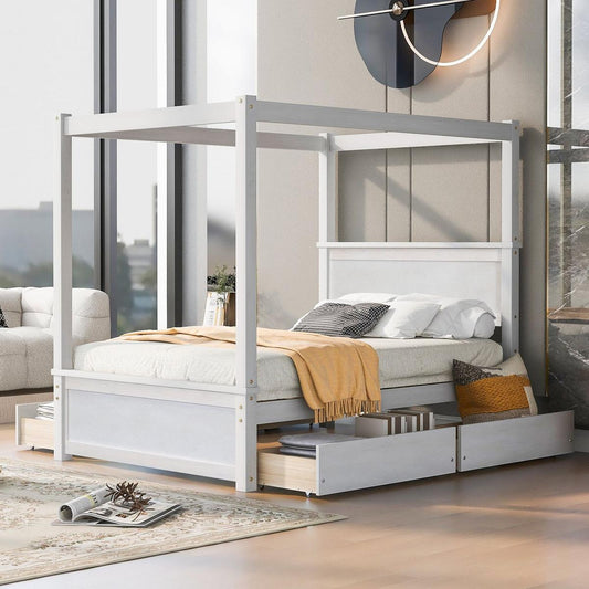 Wood Canopy Bed with four Drawers, Full Size Canopy Platform Bed With Support Slats .No Box Spring Needed, Brushed White