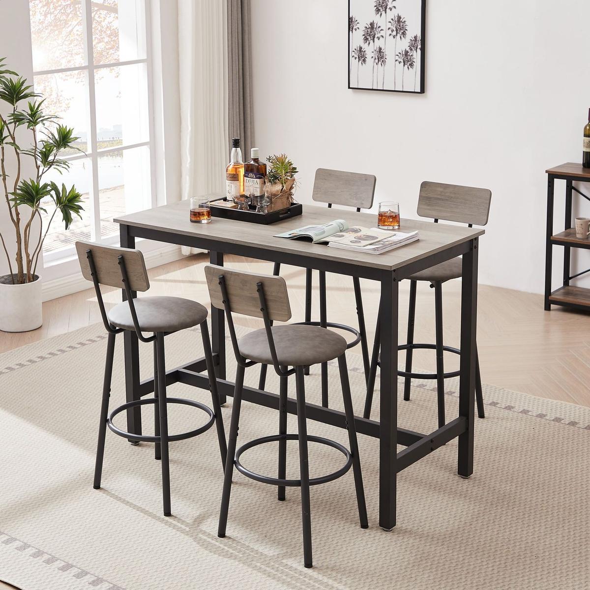 Bar Table Set with 4 Bar stools PU Soft seat with backrest, Grey, 47.24" L x 23.62" W x 35.43" H