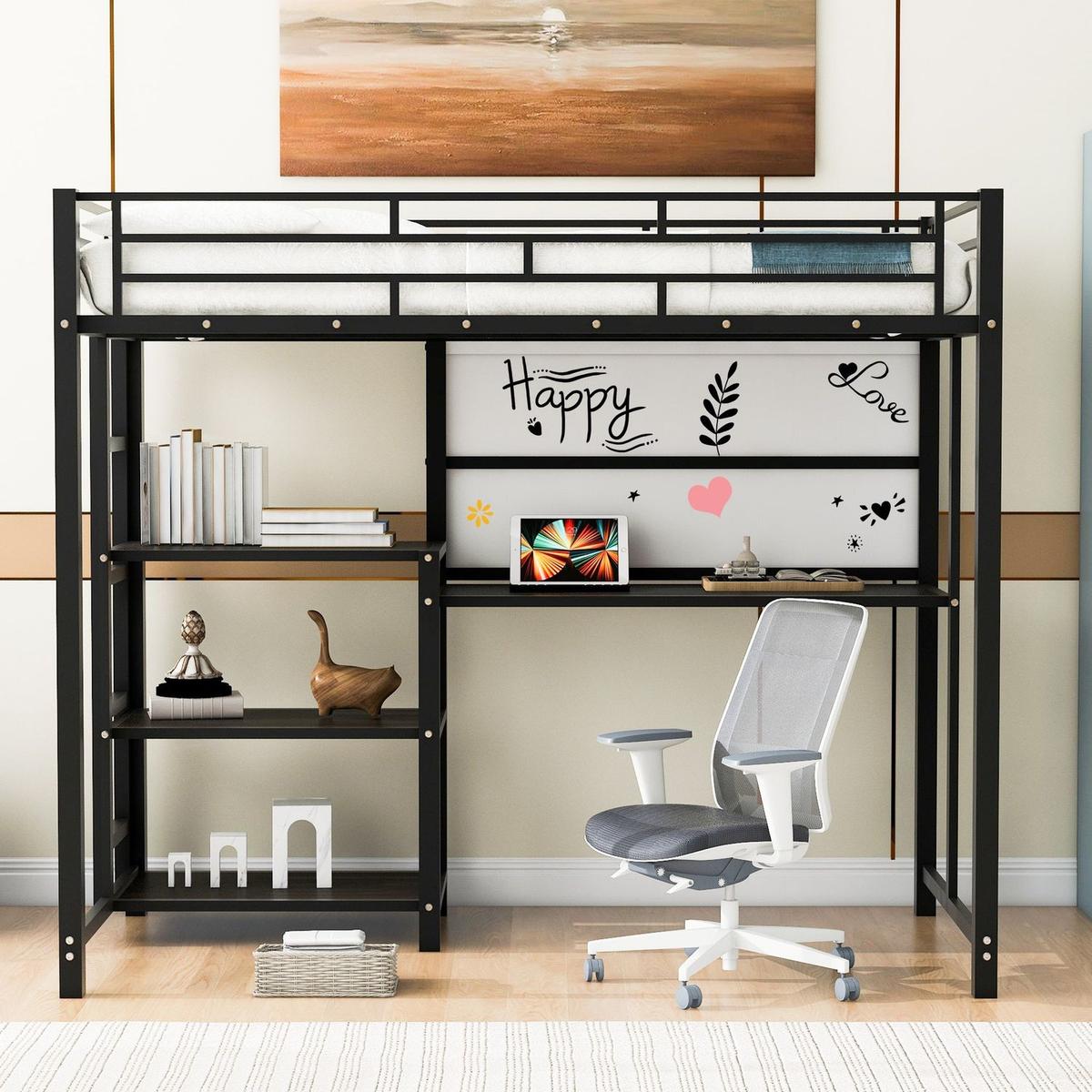 Twin Size Loft Bed with Desk and Whiteboard, Mental Loft Bed with 3 Shelves and Ladder, Black