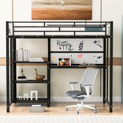 Twin Size Loft Bed with Desk and Whiteboard, Mental Loft Bed with 3 Shelves and Ladder, Black