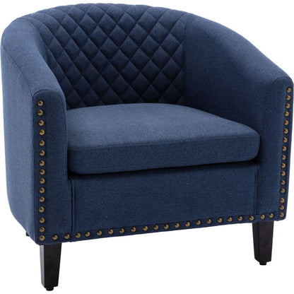 accent Barrel chair living room chair with nailheads and solid wood legs Black Navy Linen