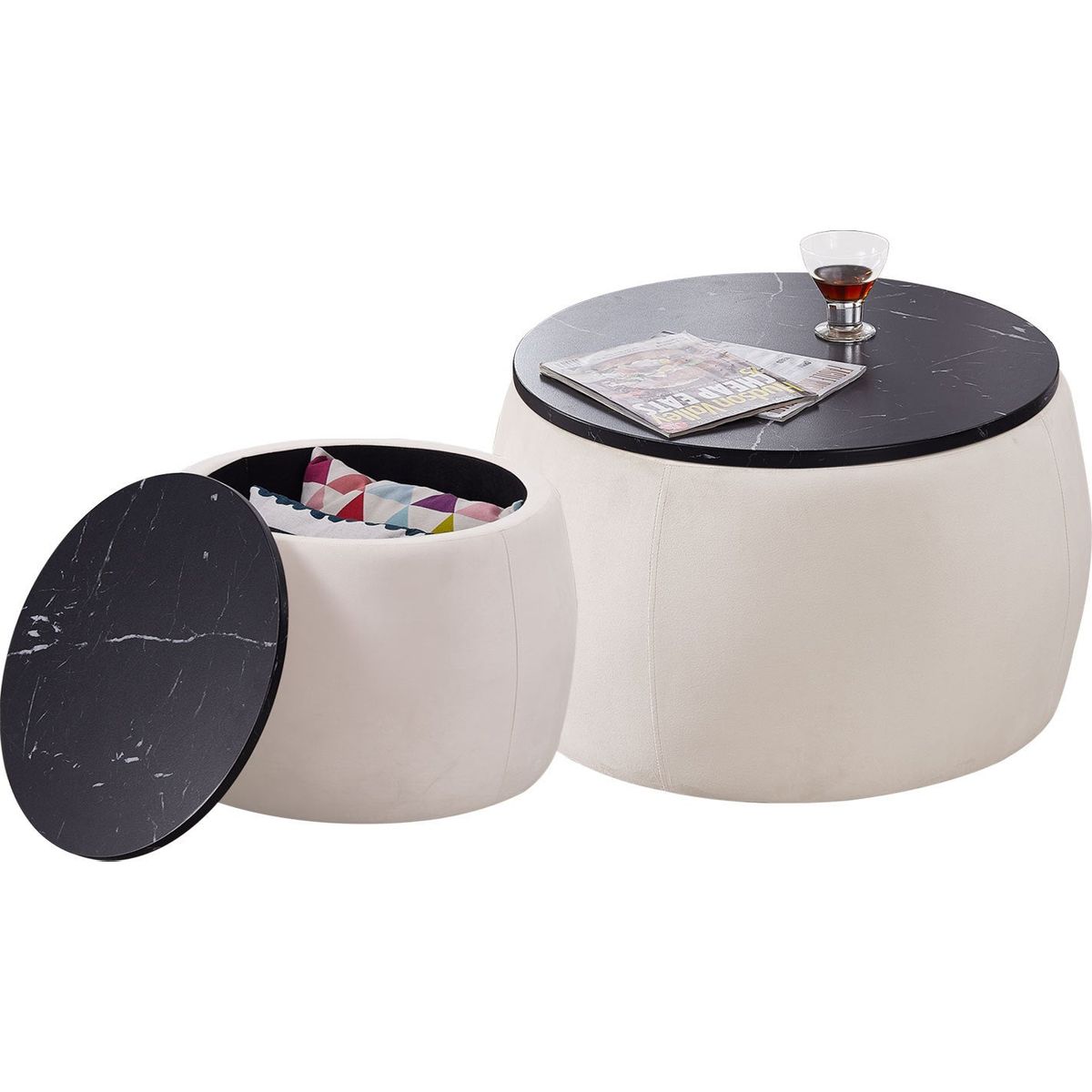 Set of 2 Nesting Round Storage Ottoman, Coffee Table Footstool with MDF Cover for Living Room, Bedroom, Top 650x450,480x390, Beige