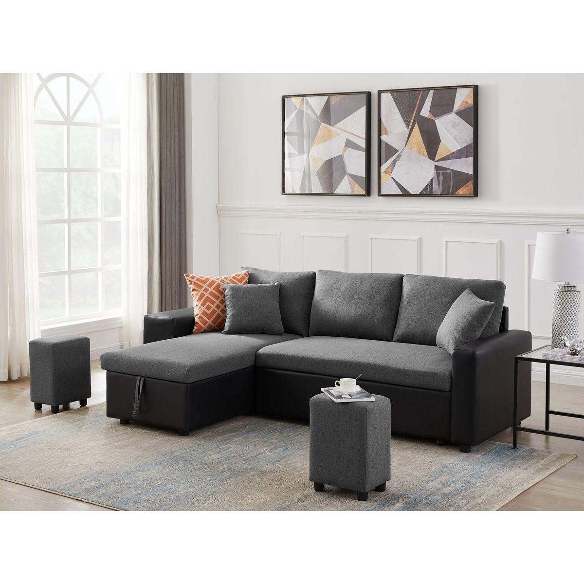 92.5" Linen Reversible Sleeper Sectional Sofa with storage and 2 stools Steel Gray