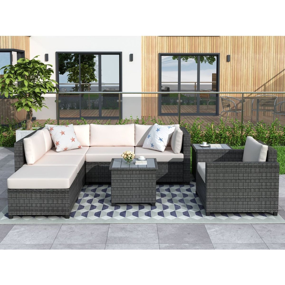 8 Piece Rattan Sectional Seating Group with Cushions, Patio Furniture Sets, Outdoor Wicker Sectional