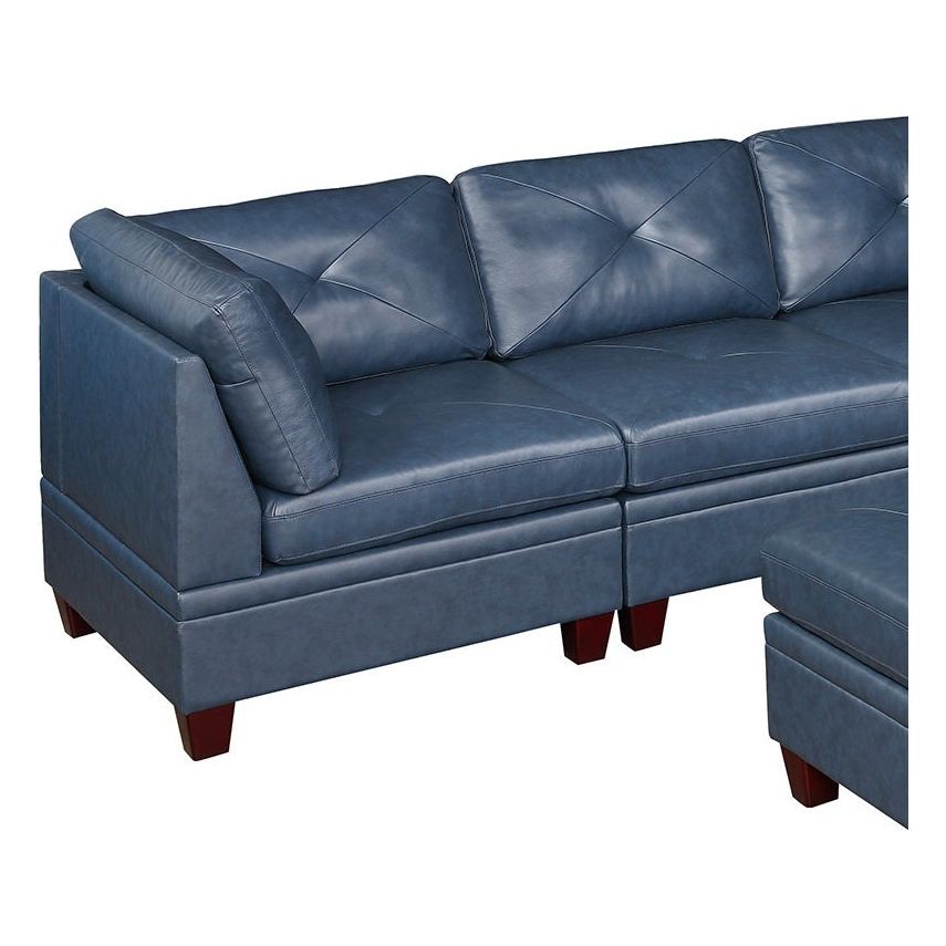 Genuine Leather Ink Blue Tufted 6pc Sectional Set 3x Corner Wedge 3x Armless Chair Living Room Furniture Sofa Couch