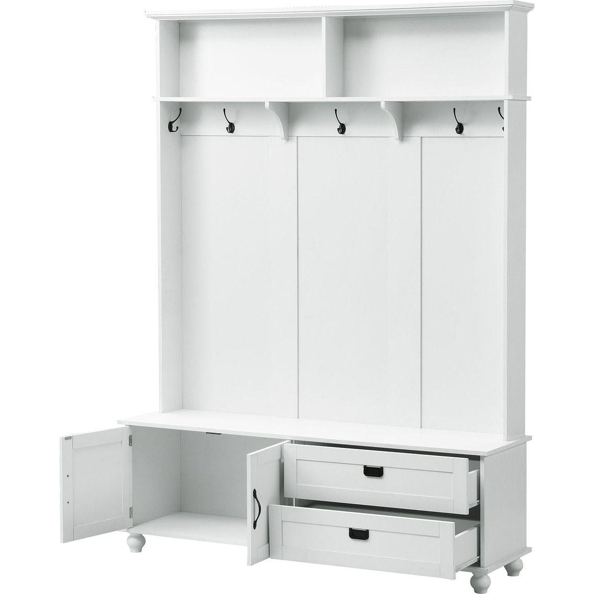 Modern Style Hall Tree with Storage Cabinet and 2 Large Drawers, Widen Mudroom Bench with 5 Coat Hooks, White