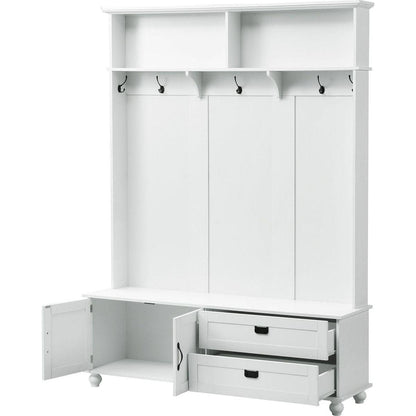 Modern Style Hall Tree with Storage Cabinet and 2 Large Drawers, Widen Mudroom Bench with 5 Coat Hooks, White