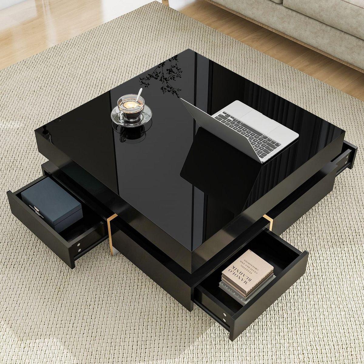 Modern High Gloss Coffee Table with 4 Drawers, Multi-Storage Square Cocktail Tea Table with Wood Grain Legs, Center Table for Living Room, 31.5"x31.5", Black