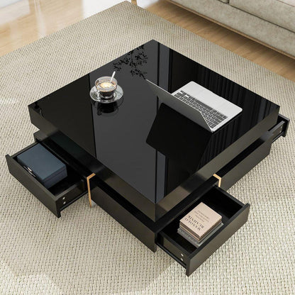 Modern High Gloss Coffee Table with 4 Drawers, Multi-Storage Square Cocktail Tea Table with Wood Grain Legs, Center Table for Living Room, 31.5"x31.5", Black