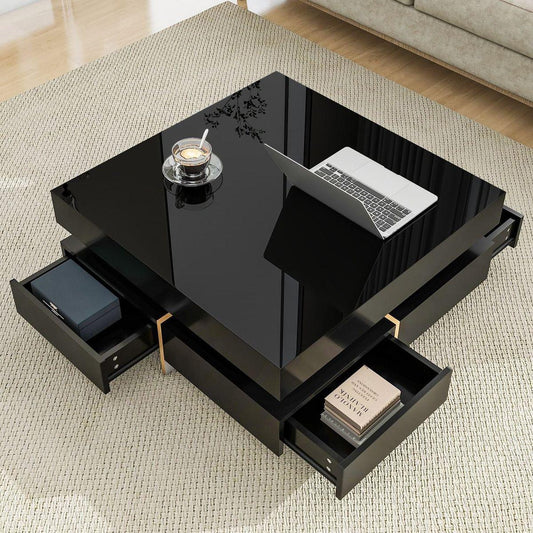 Modern High Gloss Coffee Table with 4 Drawers, Multi-Storage Square Cocktail Tea Table with Wood Grain Legs, Center Table for Living Room, 31.5"x31.5", Black