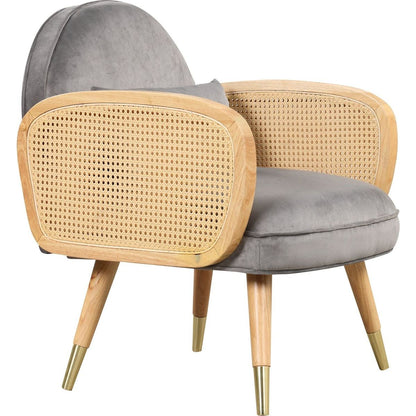 Amchair with Rattan Armrest and Metal Legs Upholstered Mid Century Modern Chairs for Living Room or Reading Room, Grey