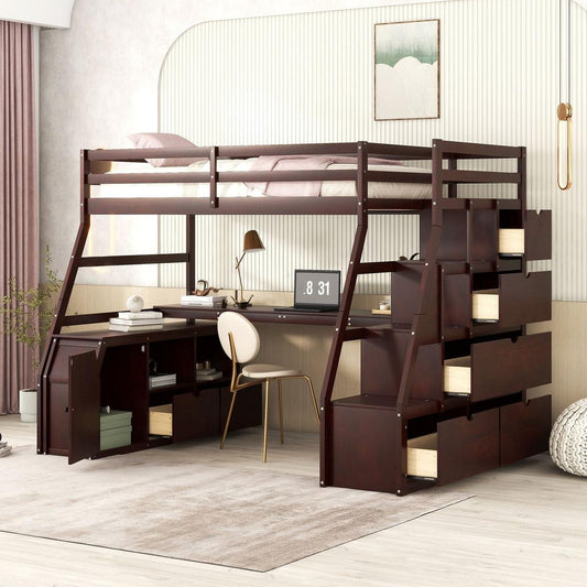 Twin Size Loft Bed with with 7 Drawers 2 Shelves and Desk - Espresso