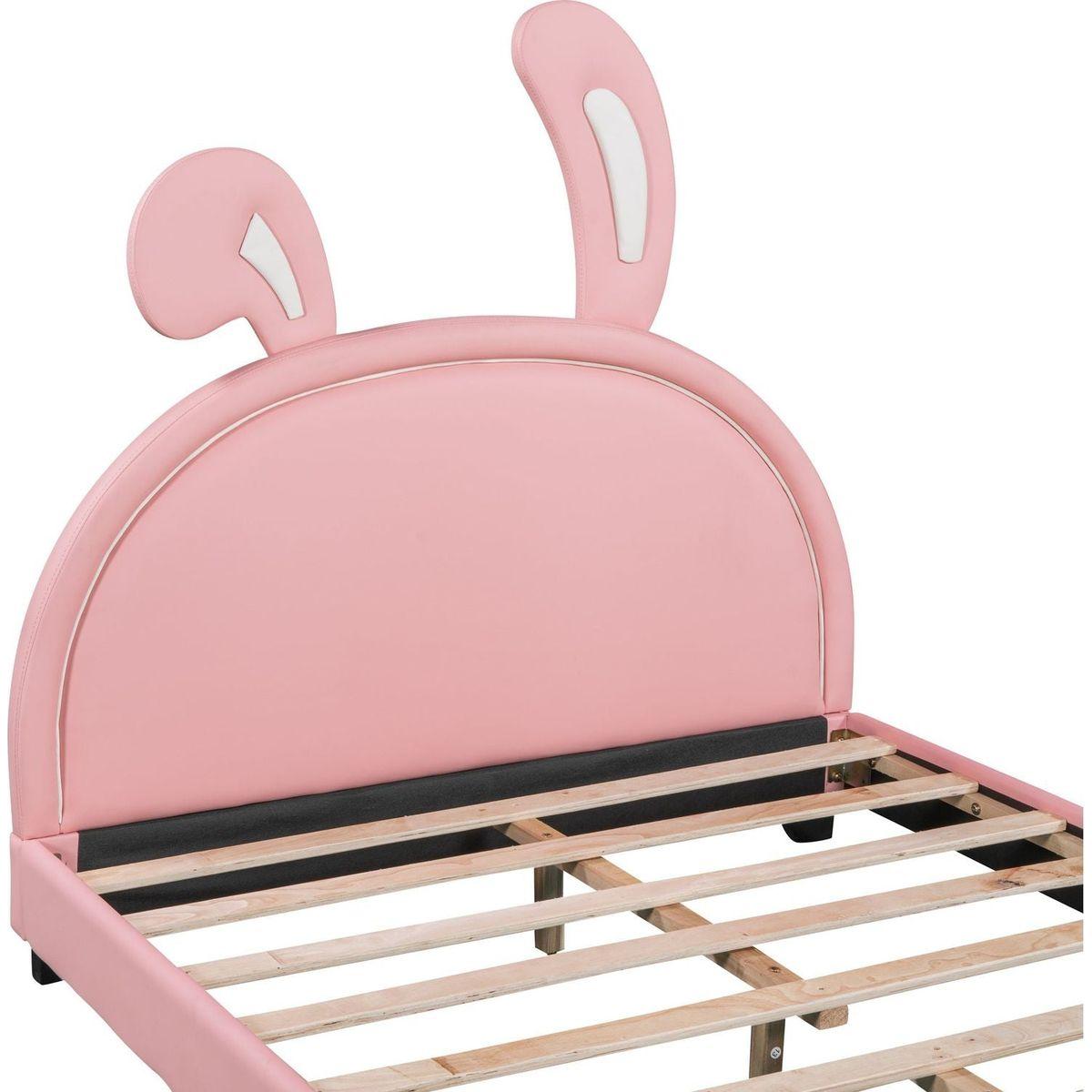 Full Size Upholstered Leather Platform Bed with Rabbit Ornament, Pink