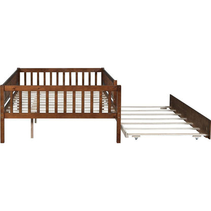 Full Size Wood Daybed with Trundle and Fence Guardrails, Walnut