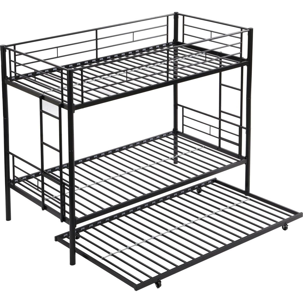 Over Twin Bunk Bed Frame with Trundle,Metal Bunkbed with Sturdy Guard Rail and 2 sideLadders for Kids/Adults,Can be Divided Into Two Beds, No Box Spring Needed, Noise Free for Dorm,Black