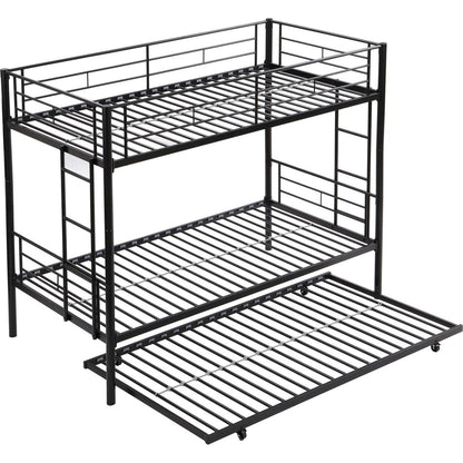 Over Twin Bunk Bed Frame with Trundle,Metal Bunkbed with Sturdy Guard Rail and 2 sideLadders for Kids/Adults,Can be Divided Into Two Beds, No Box Spring Needed, Noise Free for Dorm,Black