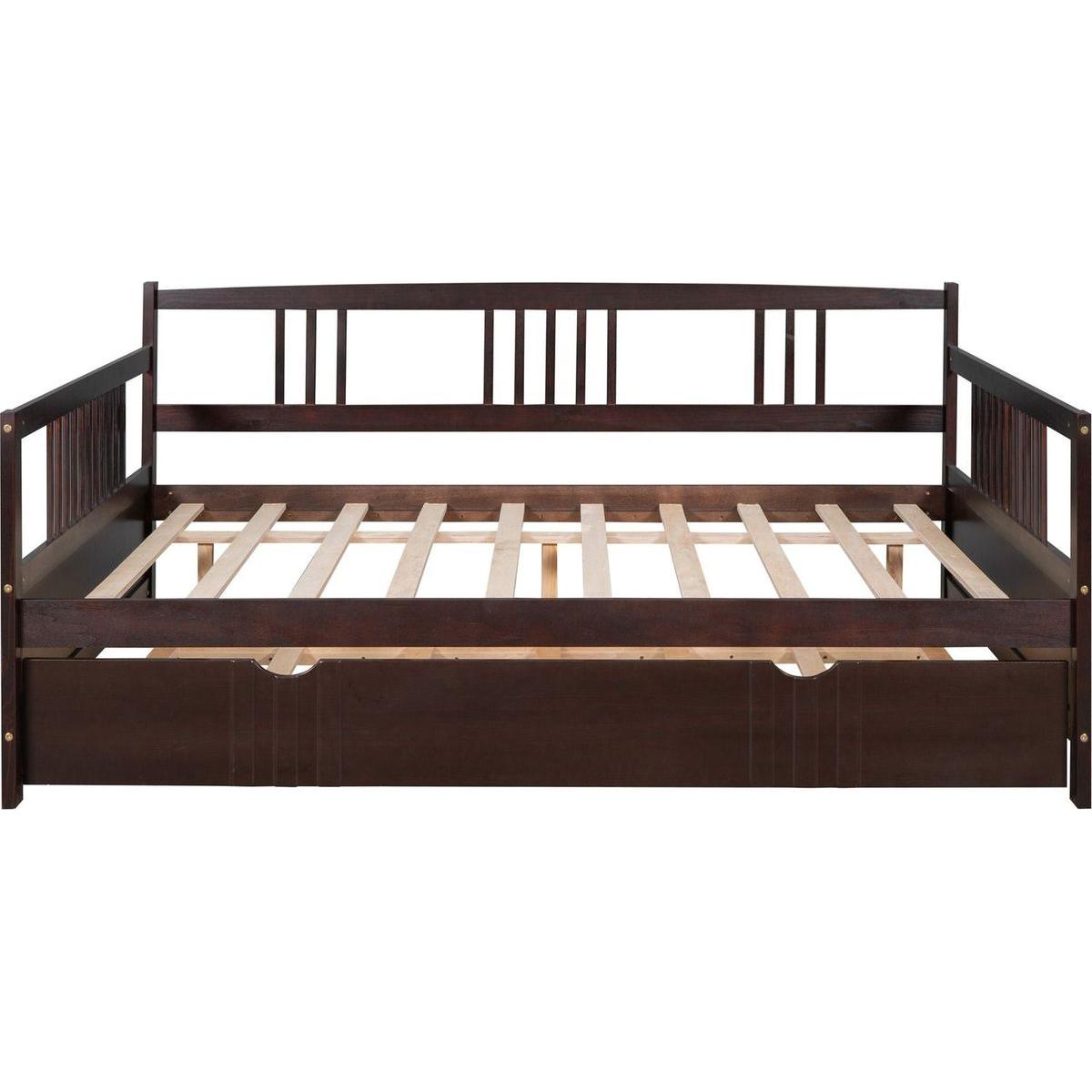Full Size Daybed Wood Bed with Twin Size Trundle, Espresso - Streamdale Furniture