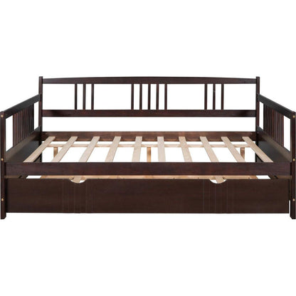 Full Size Daybed Wood Bed with Twin Size Trundle, Espresso - Streamdale Furniture