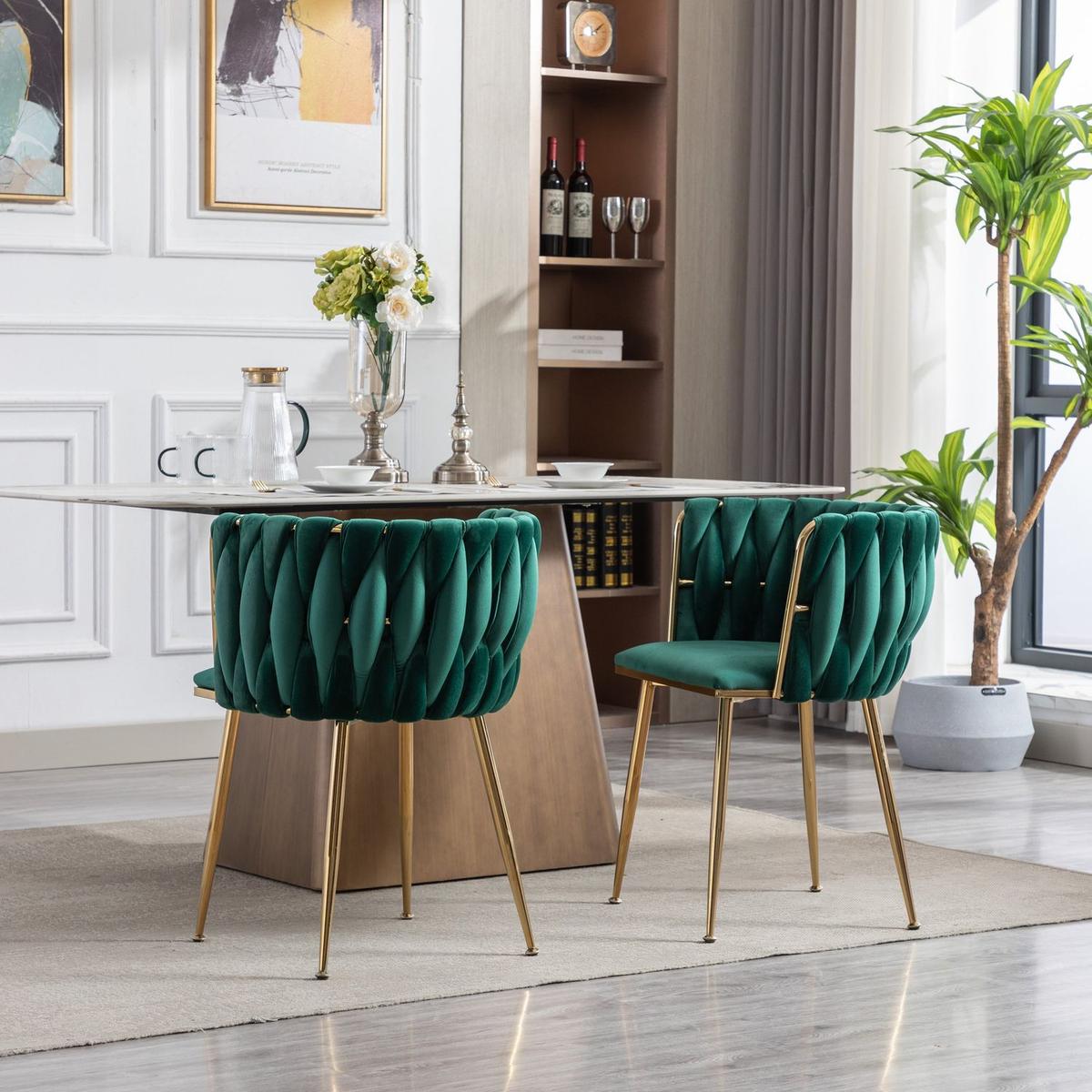 Dining Chair, Thickened fabric chairs with wood legs Set of 2, Green