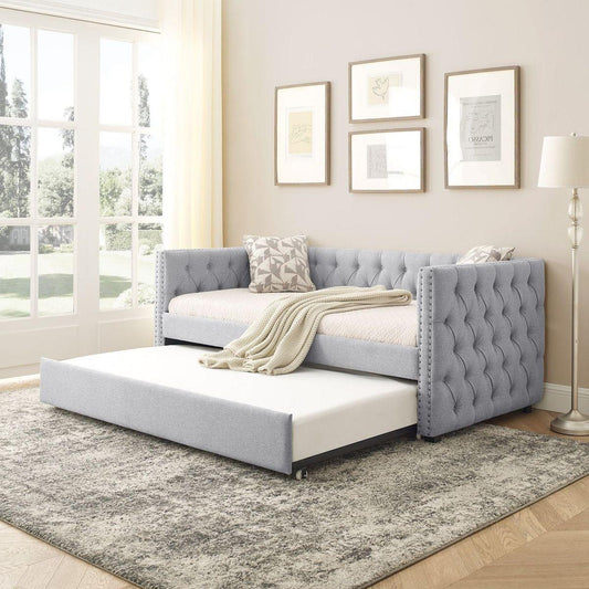 Daybed with Trundle Upholstered Tufted Sofa Bed, with Button and Copper Nail on Square Armsoth Twin Size, Grey5"42.5"31.5"ld