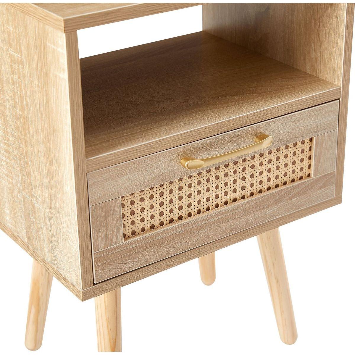 15.75" Rattan End table with Power Outlet & USB Ports, Modern nightstand with drawer and solid wood legs, side table for living roon, bedroom, natural