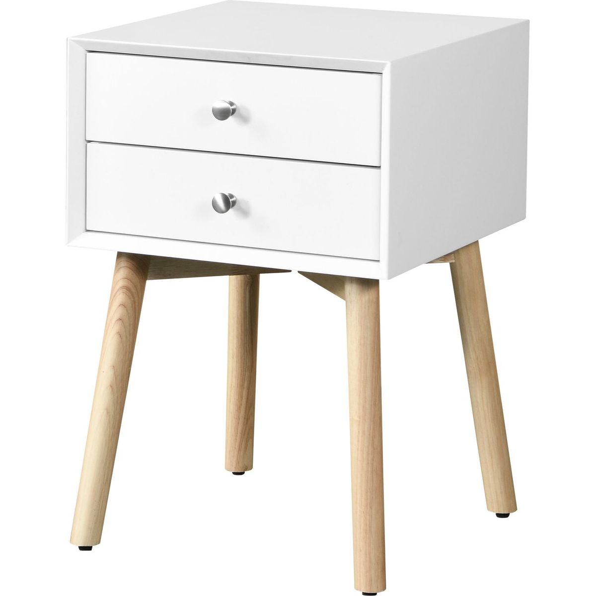 Side Table, Bedside Table with 2 Drawers and Rubber Wood Legs, Mid-Century Modern Storage Cabinet for Bedroom Living Room, White