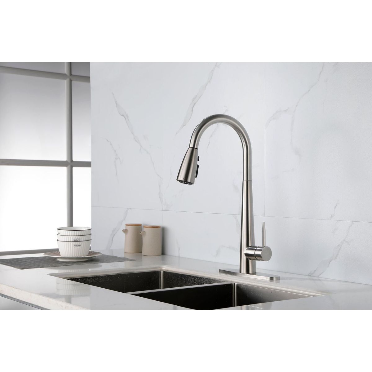 Kitchen Faucet with Pull Down Sprayer Brushed Nickel, High Arc Single Handle Kitchen Sink Faucet with Deck Plate, Commercial Modern Stainless Steel Kitchen Faucets