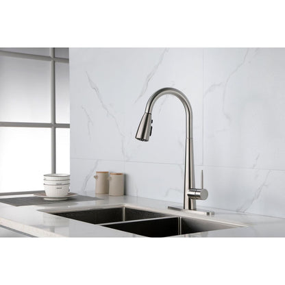 Kitchen Faucet with Pull Down Sprayer Brushed Nickel, High Arc Single Handle Kitchen Sink Faucet with Deck Plate, Commercial Modern Stainless Steel Kitchen Faucets